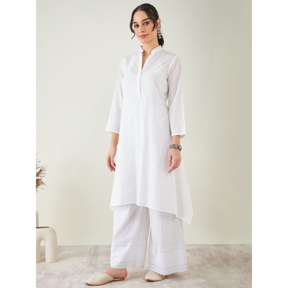 First Resort by Ramola Bachchan White Cotton Shirt Dress With Embroidered Pants (Set of 2)