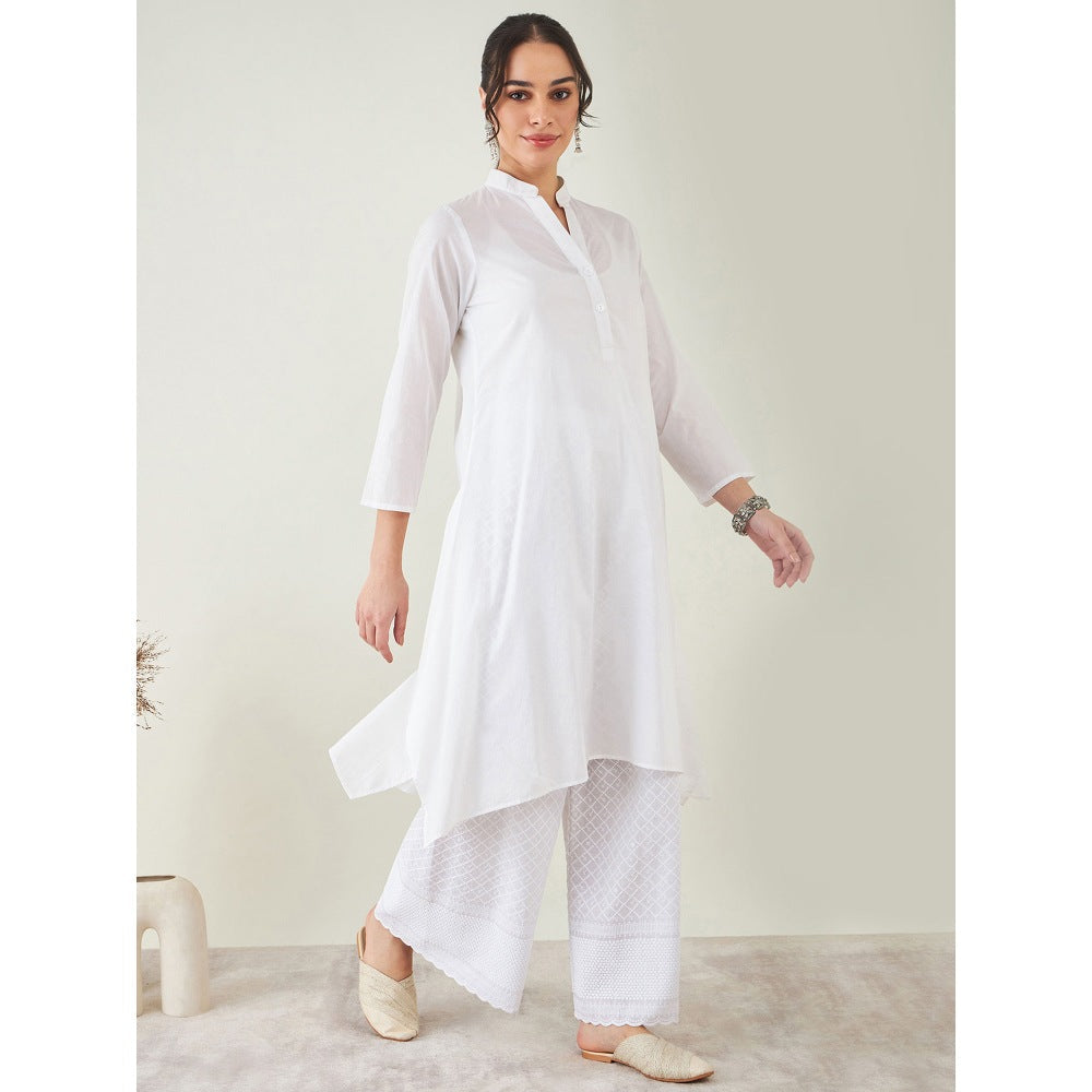 First Resort by Ramola Bachchan White Cotton Shirt Dress With Embroidered Pants (Set of 2)