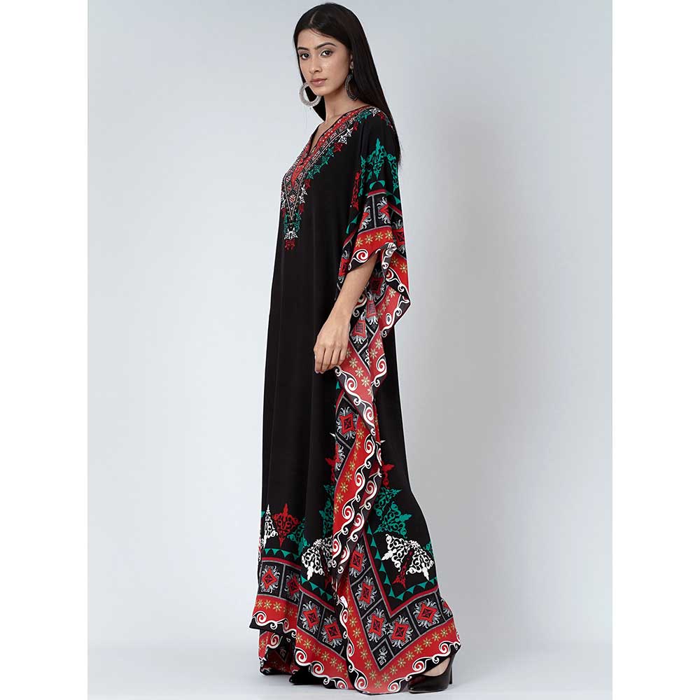 First Resort by Ramola Bachchan Black Mexican Print Embellished Silk Full Length Kaftan