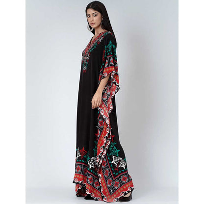 First Resort by Ramola Bachchan Black Mexican Print Embellished Silk Full Length Kaftan
