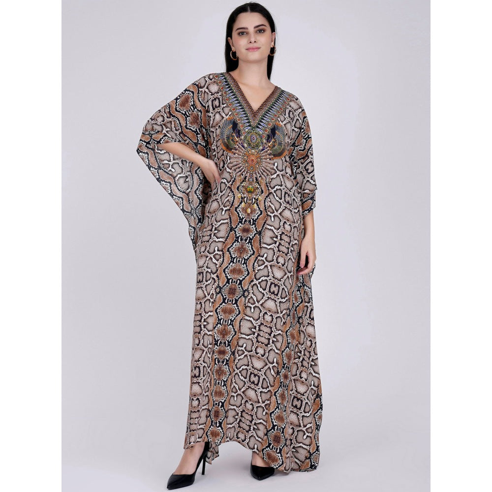 First Resort by Ramola Bachchan Brown Animal Print Embellished Silk Full Length Kaftan
