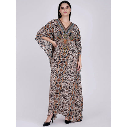 First Resort by Ramola Bachchan Brown Animal Print Embellished Silk Full Length Kaftan