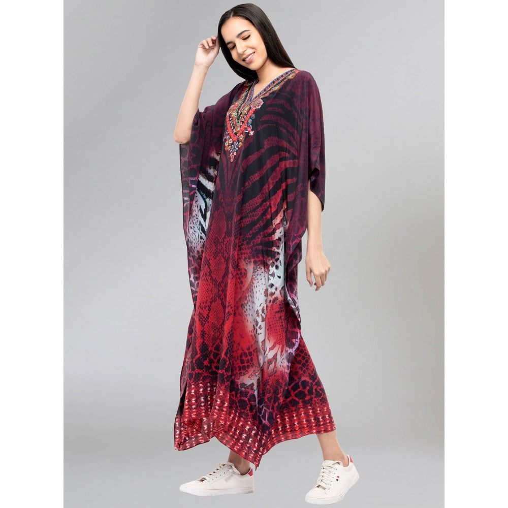 First Resort by Ramola Bachchan Maroon Python Print Embellished Silk Full Length Kaftan