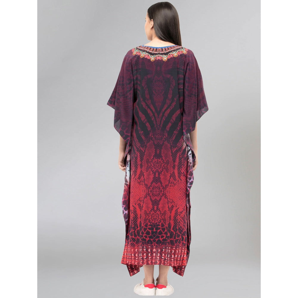 First Resort by Ramola Bachchan Maroon Python Print Embellished Silk Full Length Kaftan