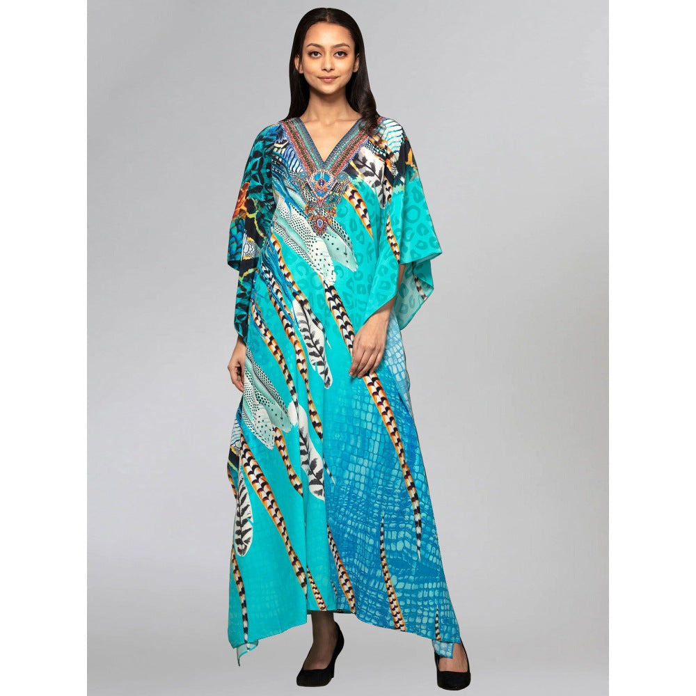 First Resort by Ramola Bachchan Turquoise Leaf Print Embellished Silk Full Length Kaftan