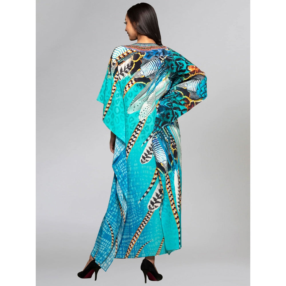 First Resort by Ramola Bachchan Turquoise Leaf Print Embellished Silk Full Length Kaftan