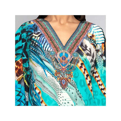 First Resort by Ramola Bachchan Turquoise Leaf Print Embellished Silk Full Length Kaftan