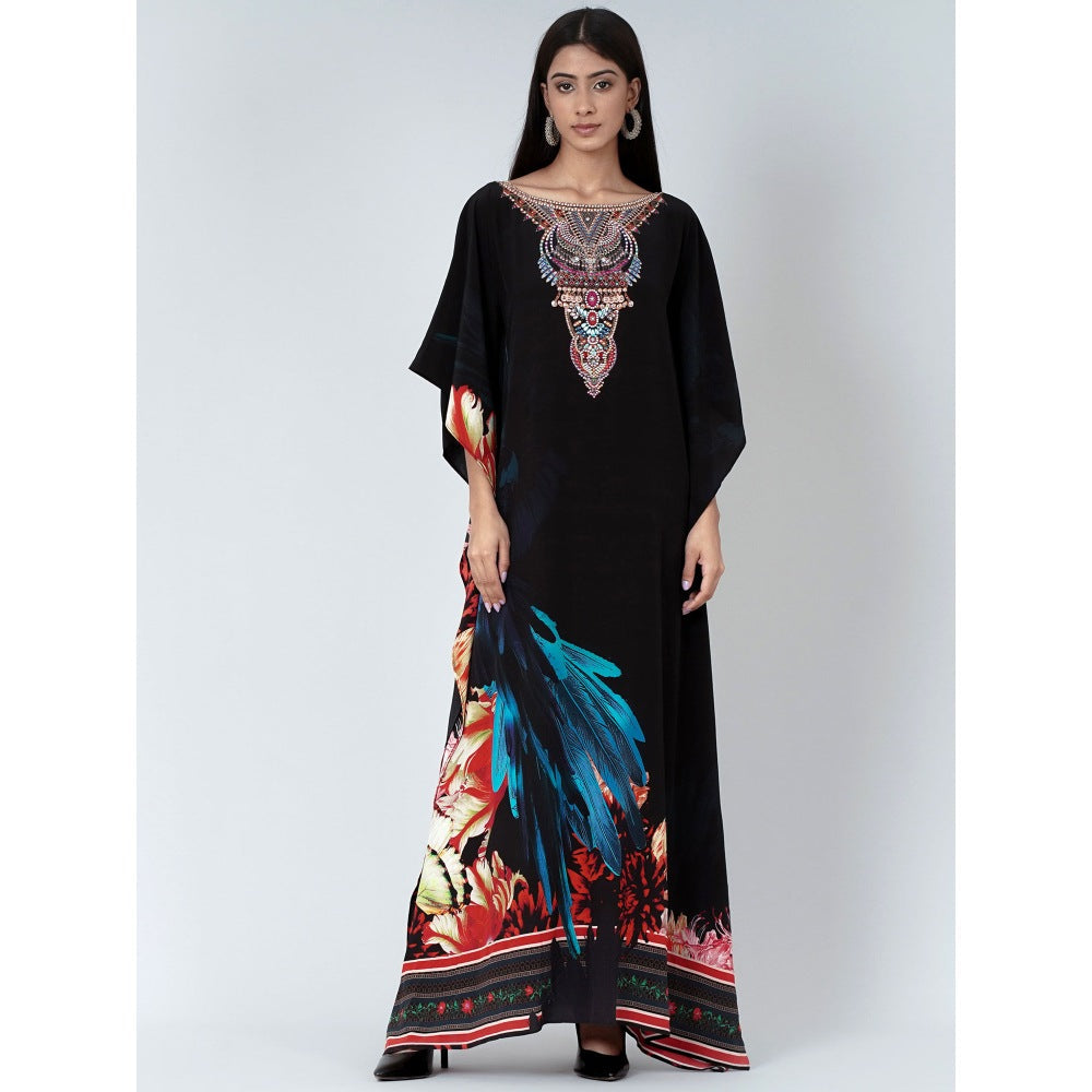 First Resort by Ramola Bachchan Black And Blue Splash Print Embellished Silk Full Length Kaftan