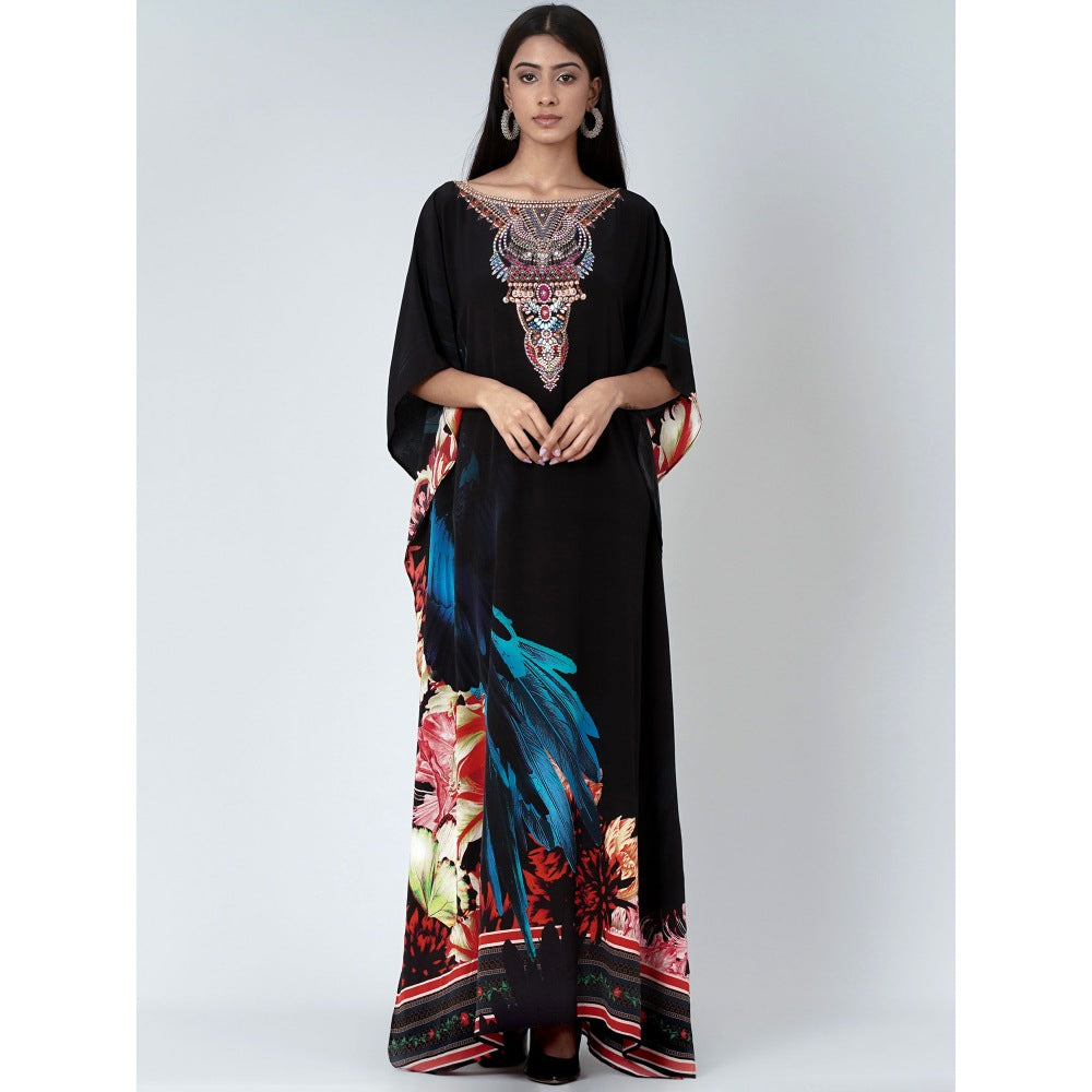 First Resort by Ramola Bachchan Black And Blue Splash Print Embellished Silk Full Length Kaftan