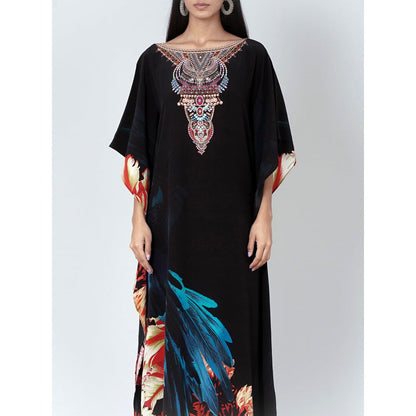 First Resort by Ramola Bachchan Black And Blue Splash Print Embellished Silk Full Length Kaftan