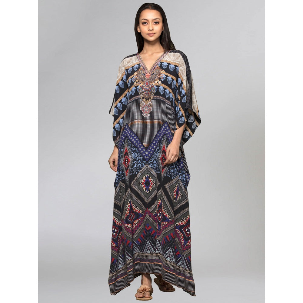 First Resort by Ramola Bachchan Black And Blue Geometric Print Embellished Silk Kaftan