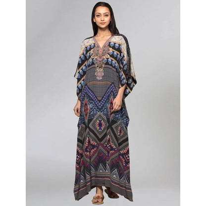 First Resort by Ramola Bachchan Black And Blue Geometric Print Embellished Silk Kaftan