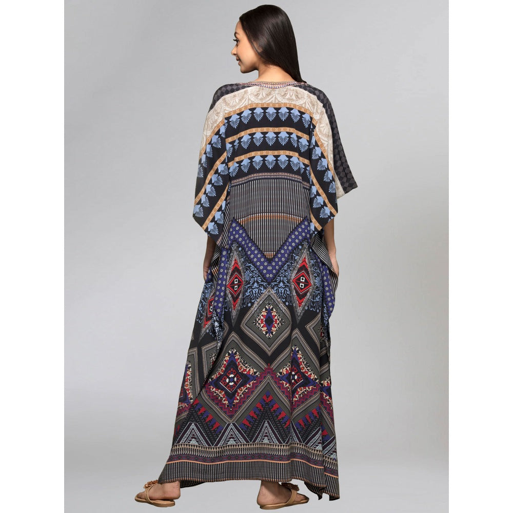 First Resort by Ramola Bachchan Black And Blue Geometric Print Embellished Silk Kaftan