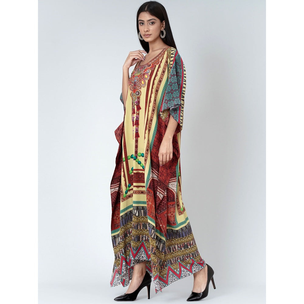 First Resort by Ramola Bachchan Yellow And Brown Tassel Print Embellished Silk Kaftan
