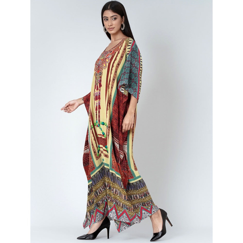 First Resort by Ramola Bachchan Yellow And Brown Tassel Print Embellished Silk Kaftan