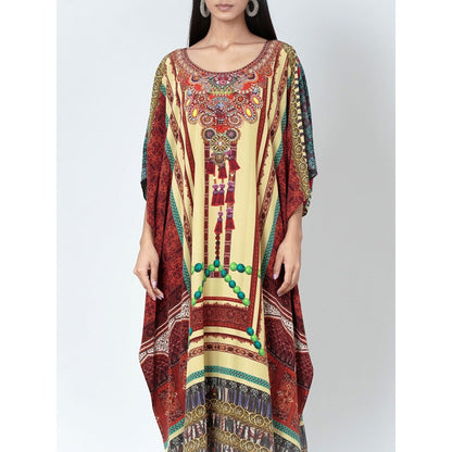 First Resort by Ramola Bachchan Yellow And Brown Tassel Print Embellished Silk Kaftan