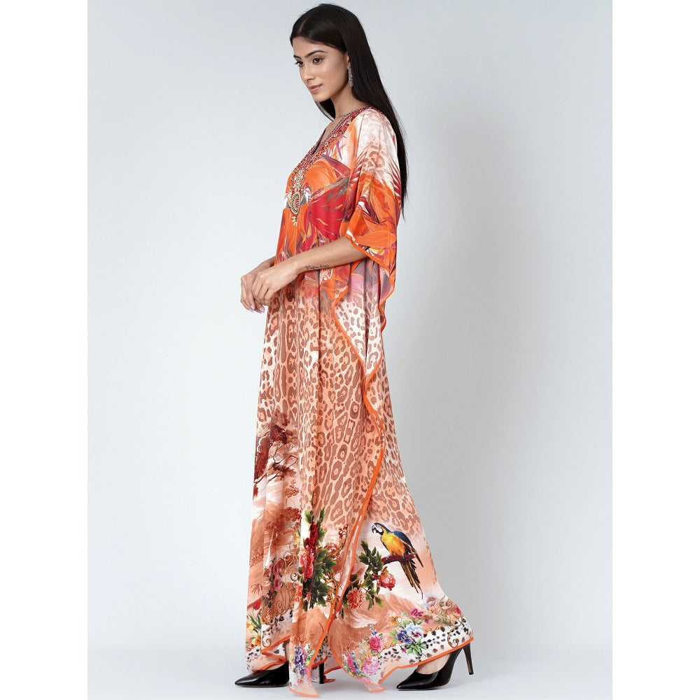 First Resort by Ramola Bachchan Burnt Orange And Brown Animal Print Embellished Silk Kaftan