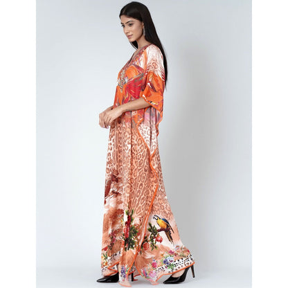 First Resort by Ramola Bachchan Burnt Orange And Brown Animal Print Embellished Silk Kaftan