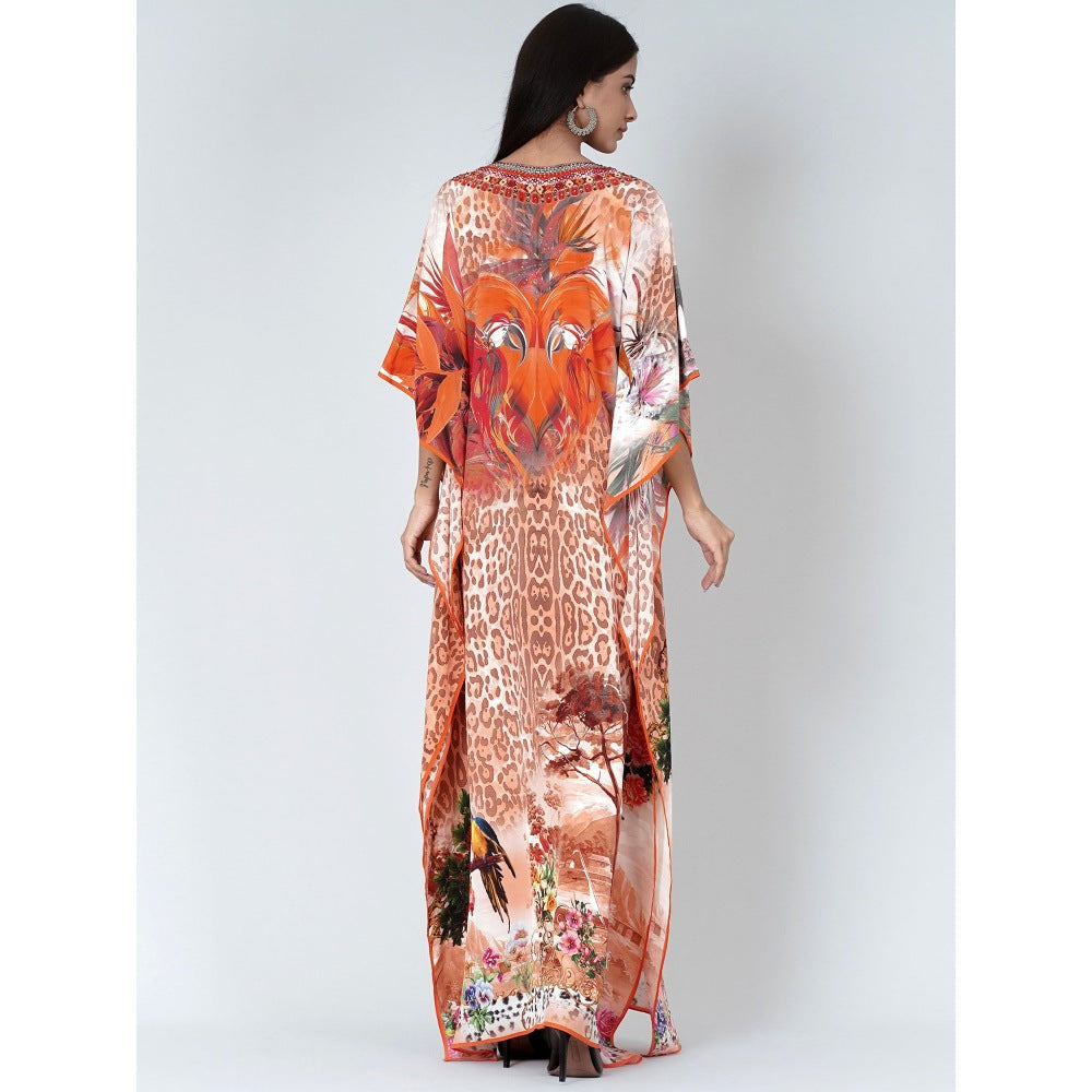 First Resort by Ramola Bachchan Burnt Orange And Brown Animal Print Embellished Silk Kaftan