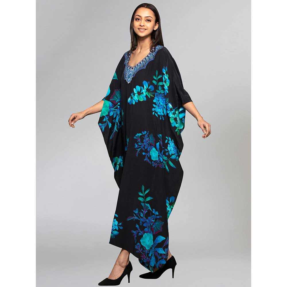 First Resort by Ramola Bachchan Black And Blue Floral Print Embellished Silk Full Length Kaftan