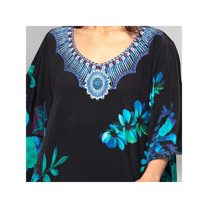 First Resort by Ramola Bachchan Black And Blue Floral Print Embellished Silk Full Length Kaftan
