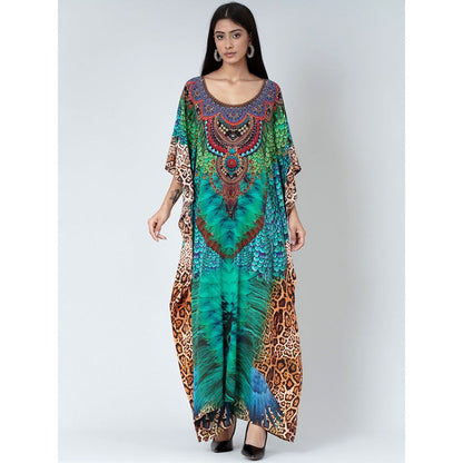 First Resort by Ramola Bachchan Green Tribal Print Embellished Silk Full Length Kaftan
