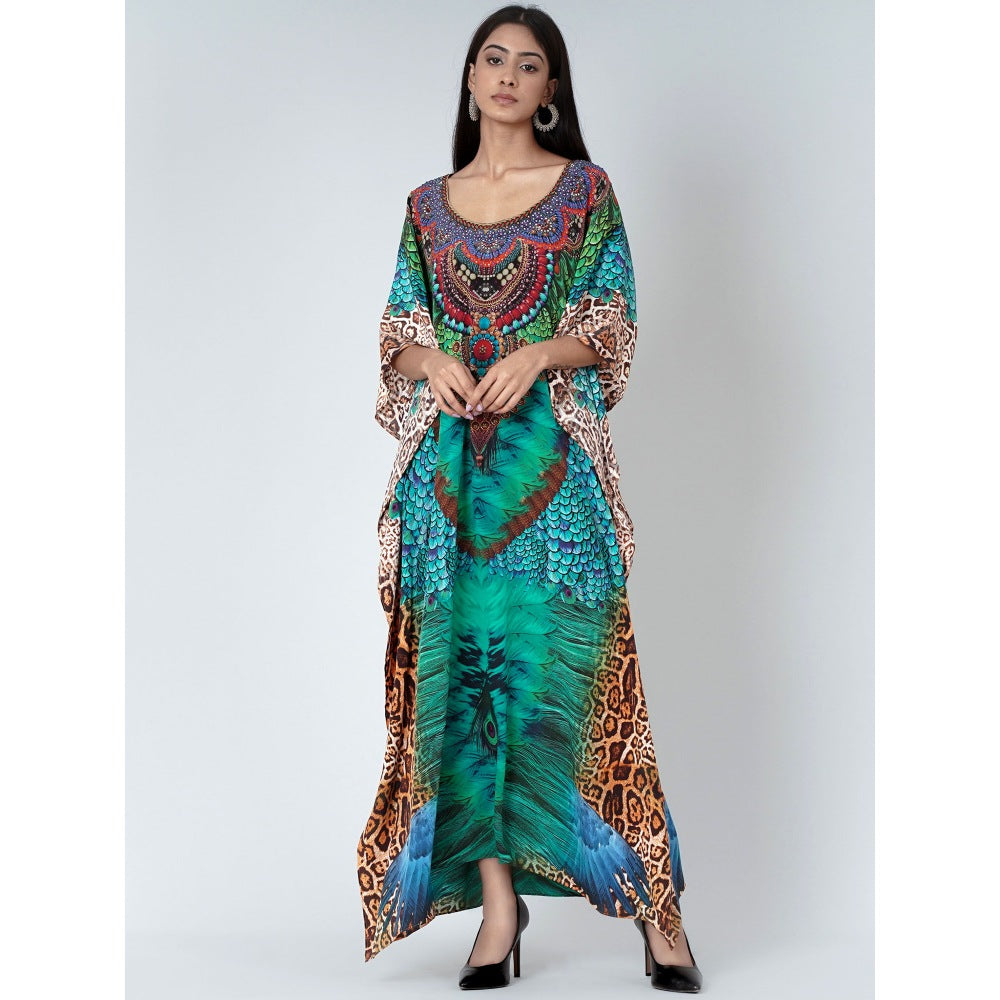 First Resort by Ramola Bachchan Green Tribal Print Embellished Silk Full Length Kaftan