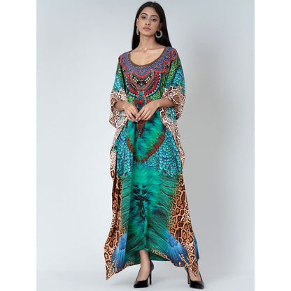 First Resort by Ramola Bachchan Green Tribal Print Embellished Silk Full Length Kaftan