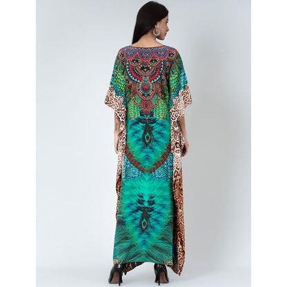 First Resort by Ramola Bachchan Green Tribal Print Embellished Silk Full Length Kaftan