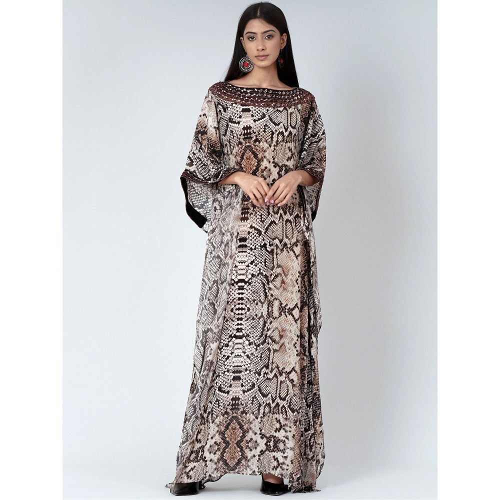 First Resort by Ramola Bachchan Brown Animal Print Embroidered Full Length Kaftan