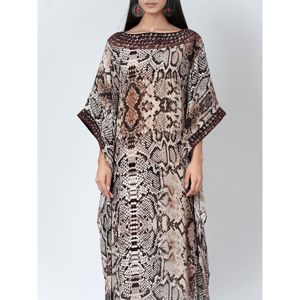 First Resort by Ramola Bachchan Brown Animal Print Embroidered Full Length Kaftan