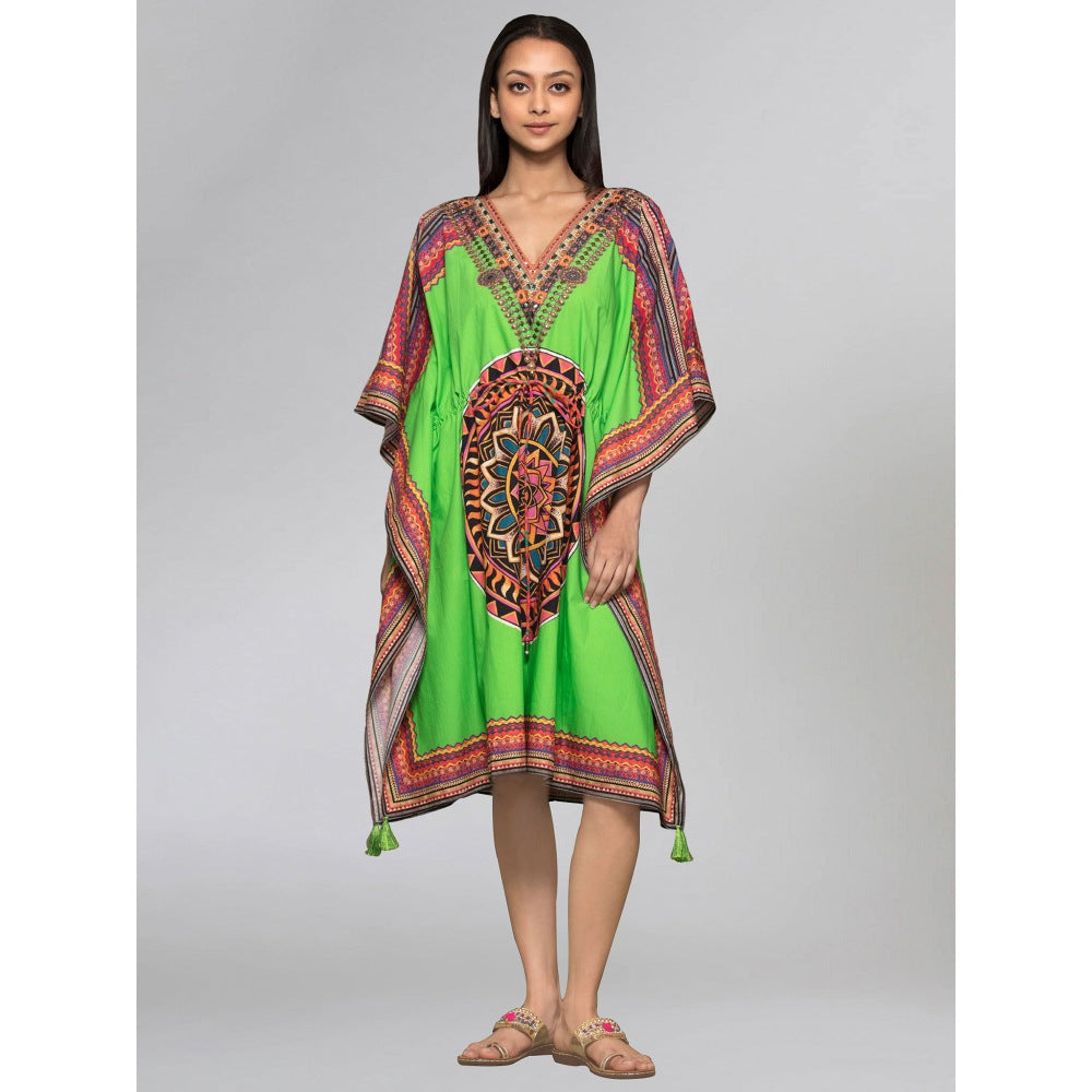 First Resort by Ramola Bachchan Green Tribal Embellished Mid Length Kaftan