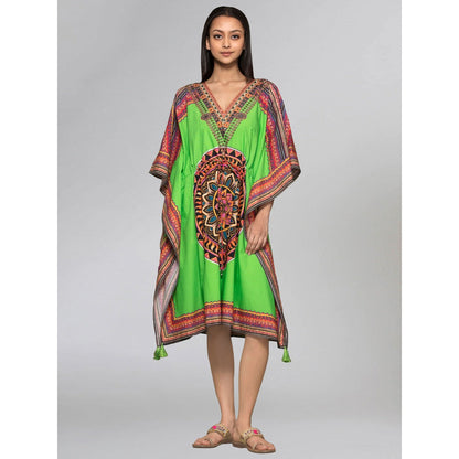 First Resort by Ramola Bachchan Green Tribal Embellished Mid Length Kaftan