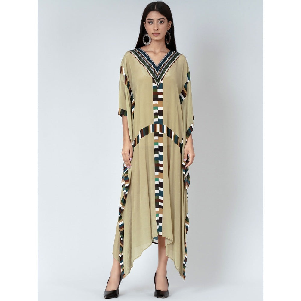 First Resort by Ramola Bachchan Olive Green Geometric Mid Length Kaftan