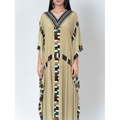 First Resort by Ramola Bachchan Olive Green Geometric Mid Length Kaftan