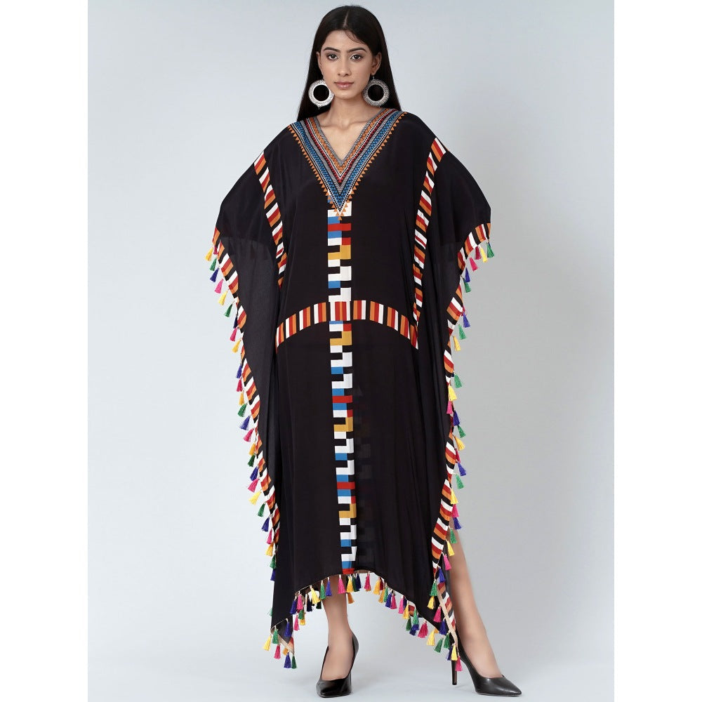 First Resort by Ramola Bachchan Black Geometric Mid Length Kaftan With Lace