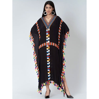 First Resort by Ramola Bachchan Black Geometric Mid Length Kaftan With Lace