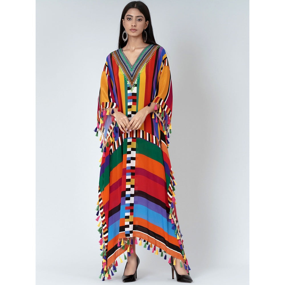 First Resort by Ramola Bachchan Multicoloured Geometric Mid Length Kaftan With Lace