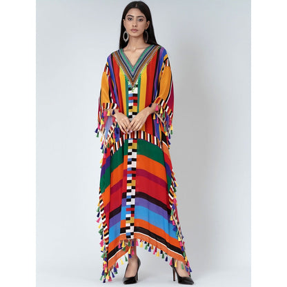 First Resort by Ramola Bachchan Multicoloured Geometric Mid Length Kaftan With Lace