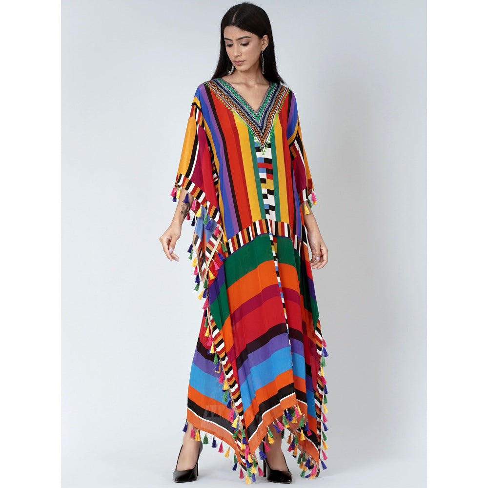 First Resort by Ramola Bachchan Multicoloured Geometric Mid Length Kaftan With Lace