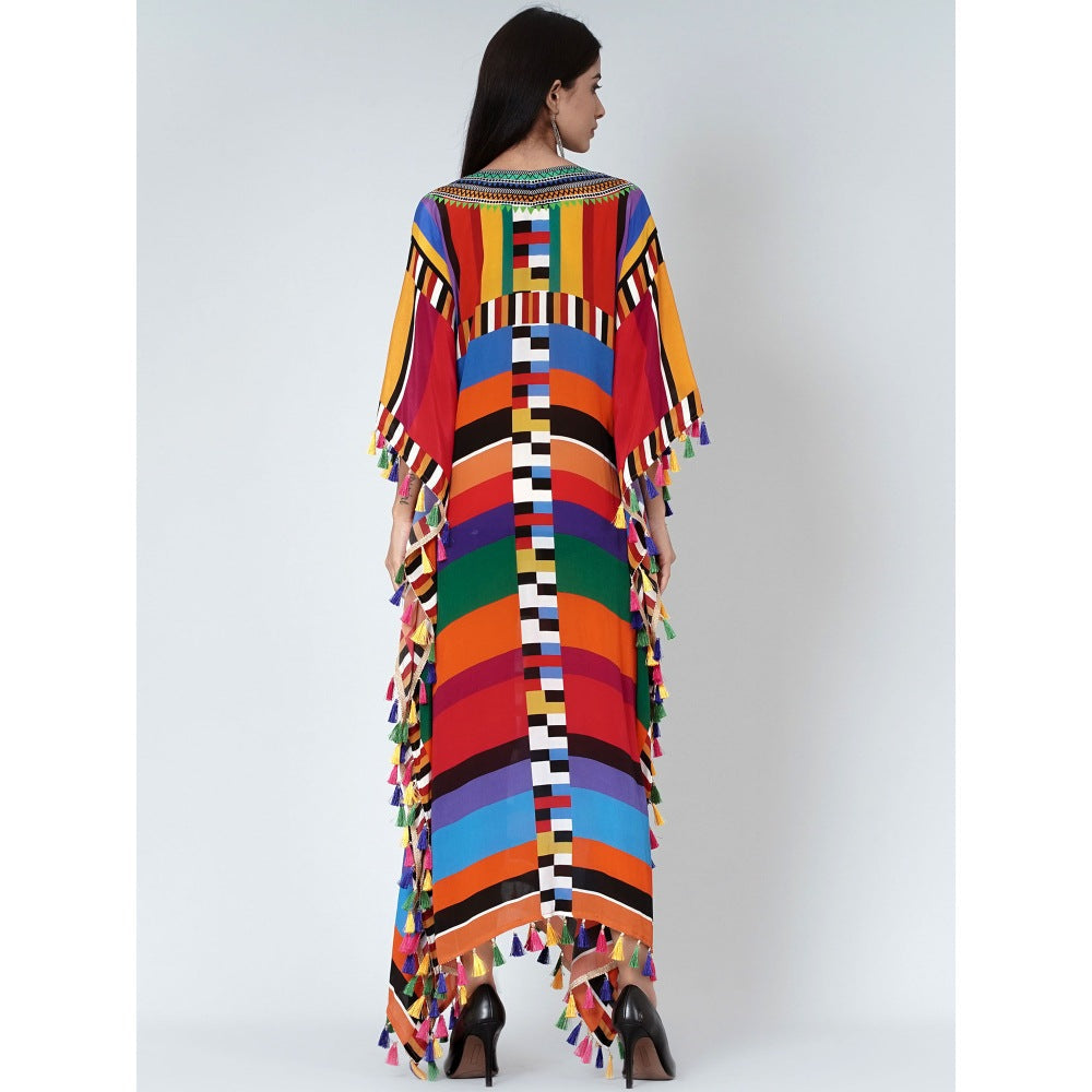 First Resort by Ramola Bachchan Multicoloured Geometric Mid Length Kaftan With Lace
