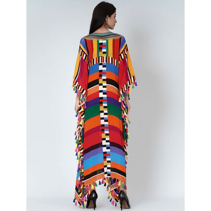First Resort by Ramola Bachchan Multicoloured Geometric Mid Length Kaftan With Lace