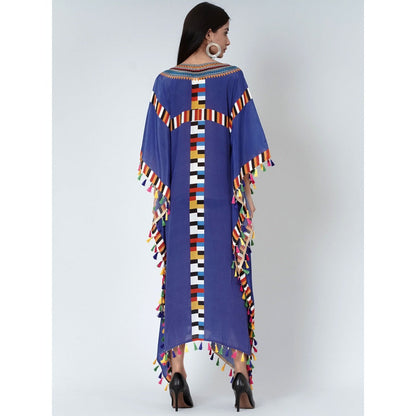 First Resort by Ramola Bachchan Navy Blue Geometric Mid Length Kaftan With Lace