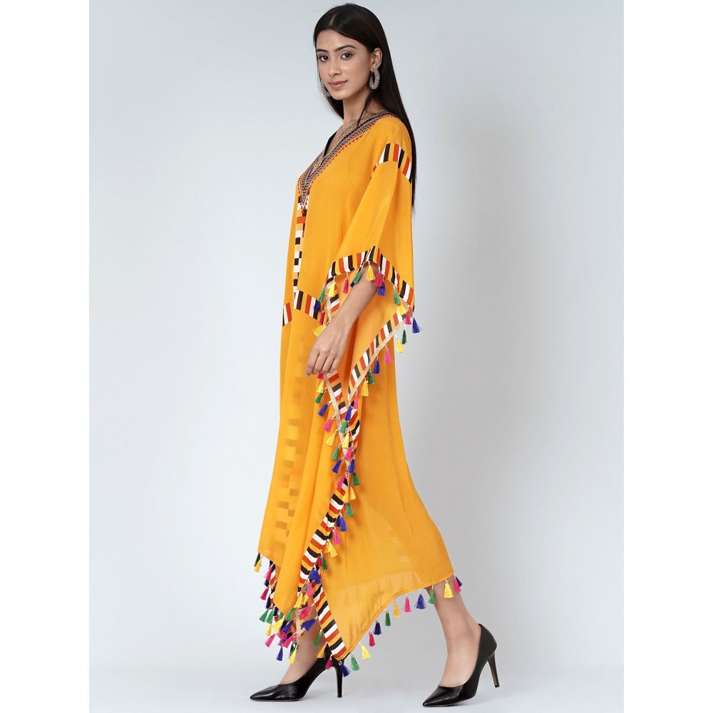 First Resort by Ramola Bachchan Yellow Geometric Mid Length Kaftan With Lace