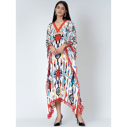 First Resort by Ramola Bachchan White And Orange Modern Geometric Mid Length Kaftan