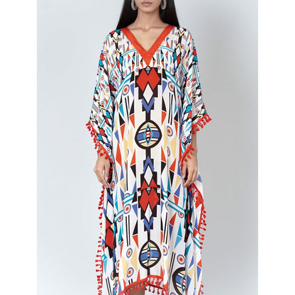 First Resort by Ramola Bachchan White And Orange Modern Geometric Mid Length Kaftan