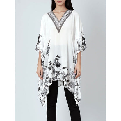 First Resort by Ramola Bachchan White Embellished Floral Kaftan Top