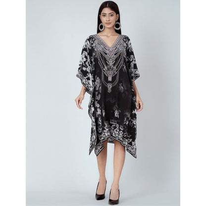 First Resort by Ramola Bachchan Black And White Floral Print Silk Kaftan Tunic