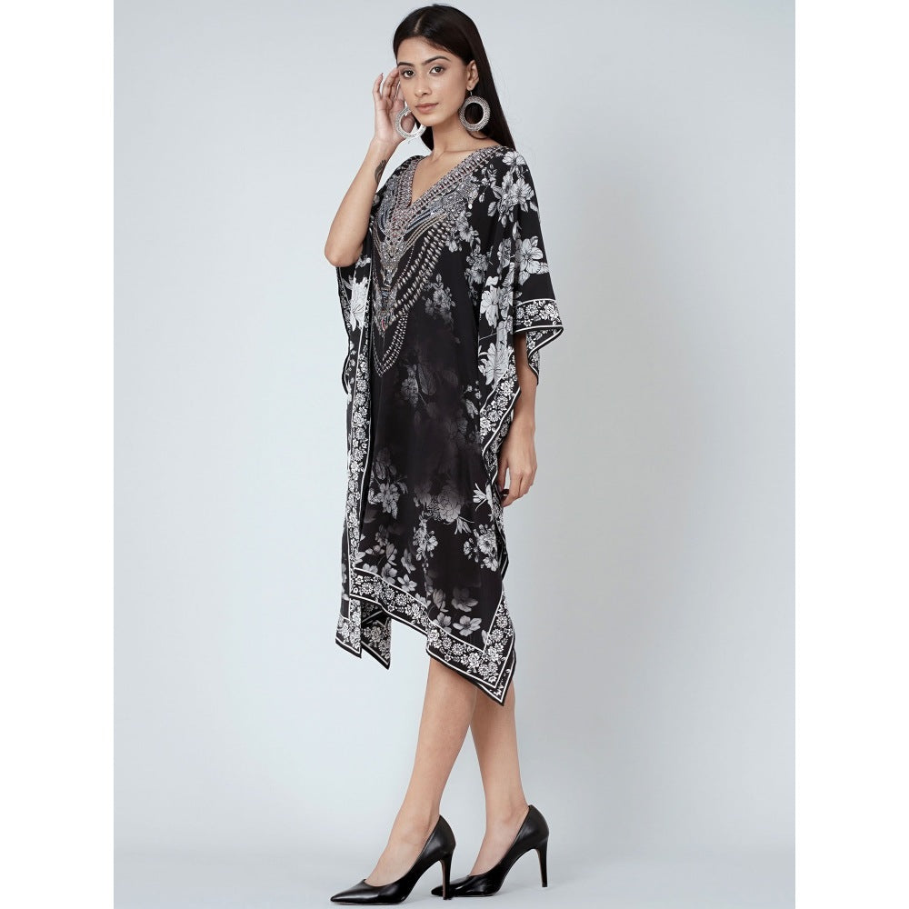 First Resort by Ramola Bachchan Black And White Floral Print Silk Kaftan Tunic