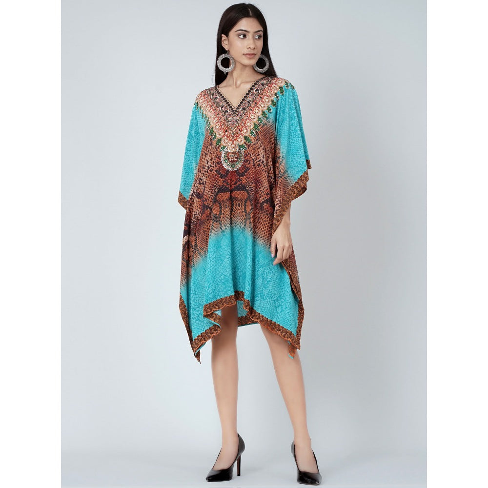 First Resort by Ramola Bachchan Blue And Brown Python Print Silk Kaftan Tunic